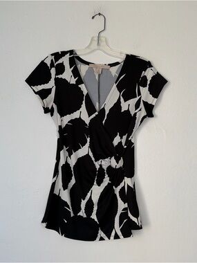 jonathan martin Y2K Black & White Abstract Wrap-Style Blouse with Ring Detail